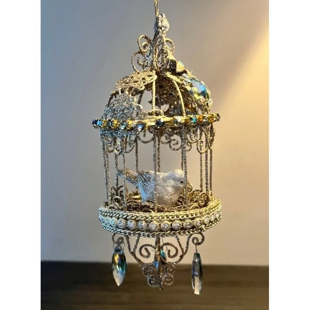 Jeweled Birdcage Christmas Ornament White Bird Rhinestone Prisms 7
